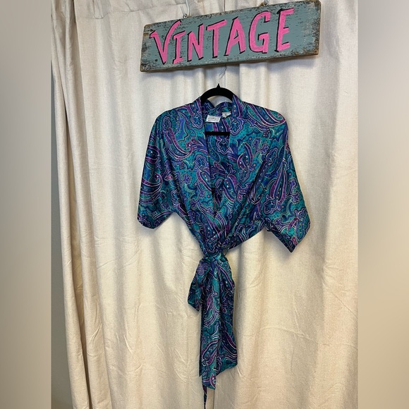 Vintage 90s Teal Purple Floral Paisley Silky Colorful Kimono Robe - Picture 2 of 12